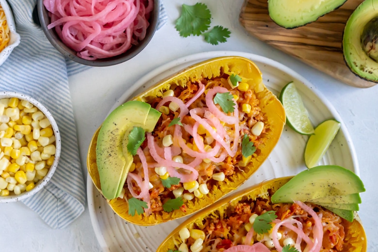 overhead of of taco boats with garnish 