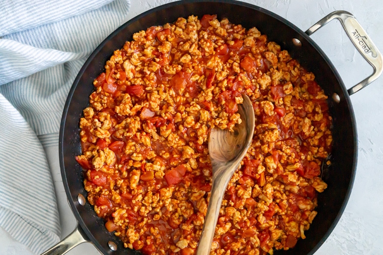 ground chicken taco meat in a skillet 