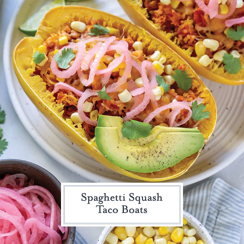 spaghetti squash taco boat with avocado, red onion and corn 