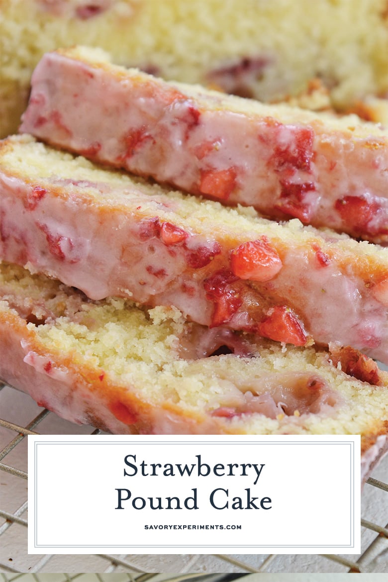 close up of strawberry pound cake for pinterest  
