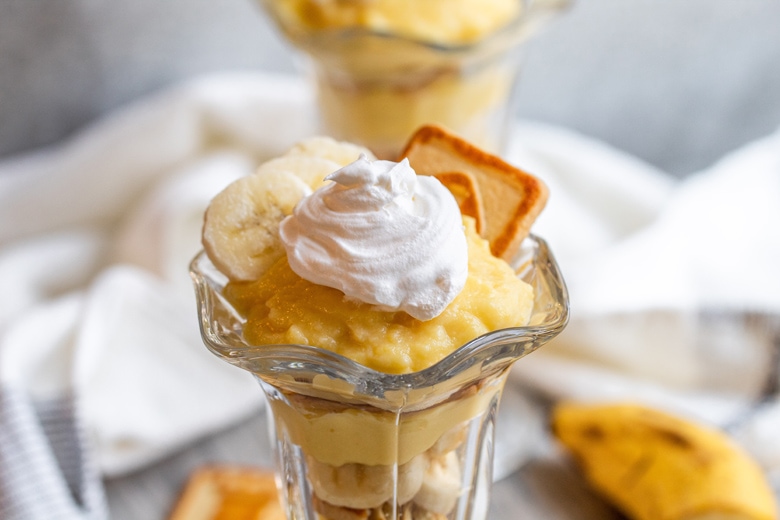 angle view of individual banana pudding cups 