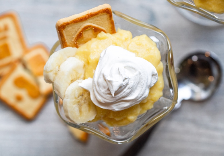 overhead of banana pudding cup 