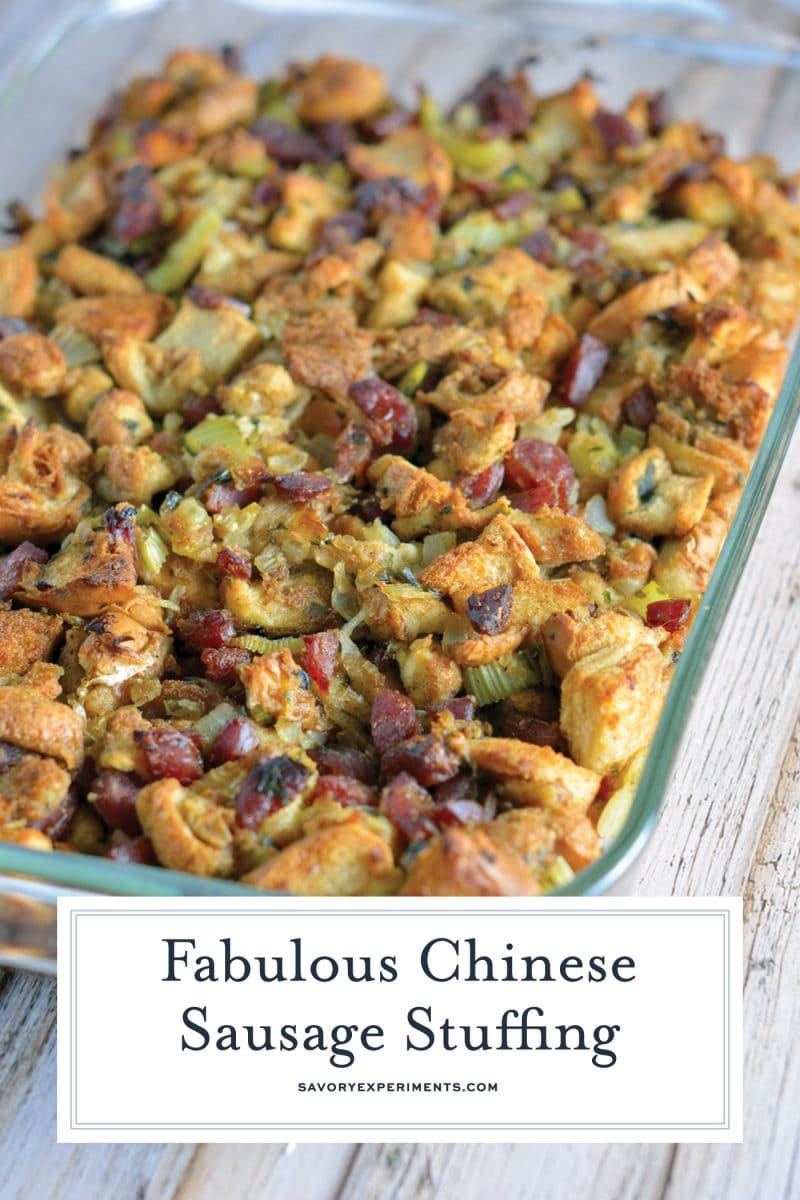angled shot of chinese sausage stuffing with text overlay