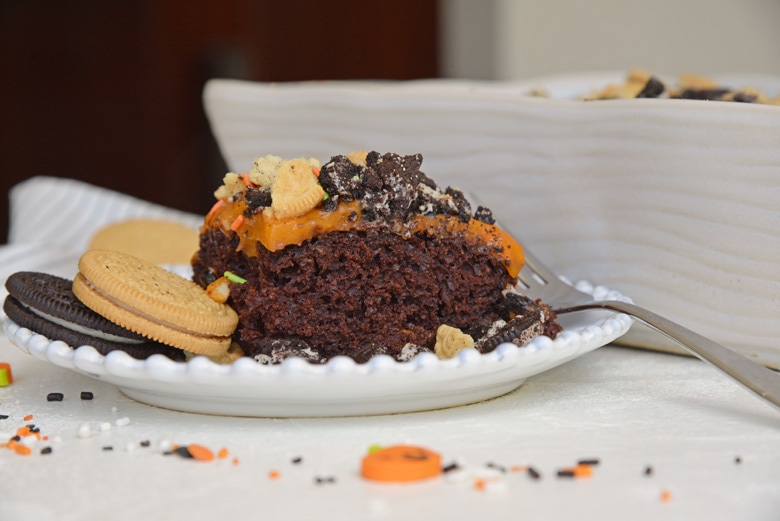 side view of halloween poke cake 