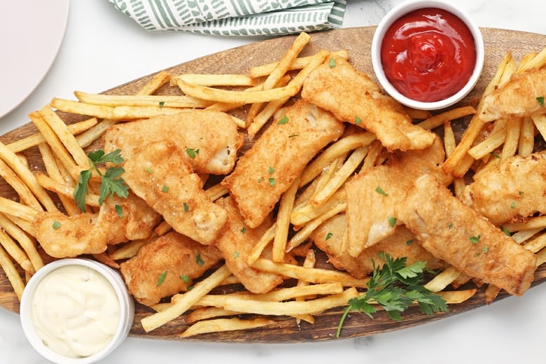 overhead of fried fish platter with fries