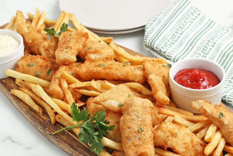 angle view of fried fish with french fries 