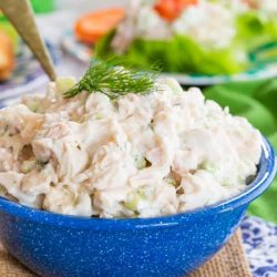 greek chicken salad in blue bowl