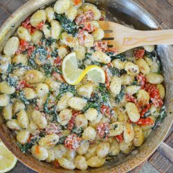 skillet of gnocchi in a cream sauce