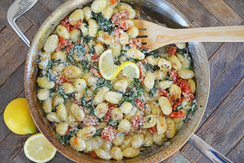 skillet of gnocchi in a cream sauce