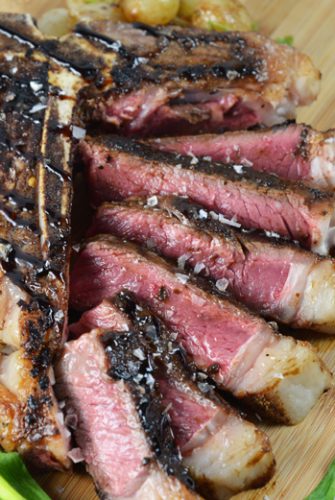 sliced porcini rubbed steak