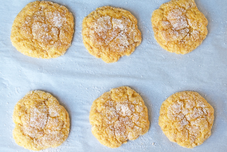 overhead shot of pumpkin sugar cookies on parchment paper