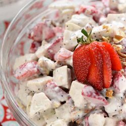 strawberry chicken salad in a bowl