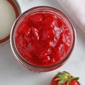 overhead of strawberry sauce