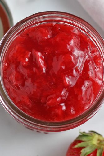 overhead of strawberry sauce