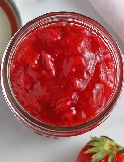 overhead of strawberry sauce