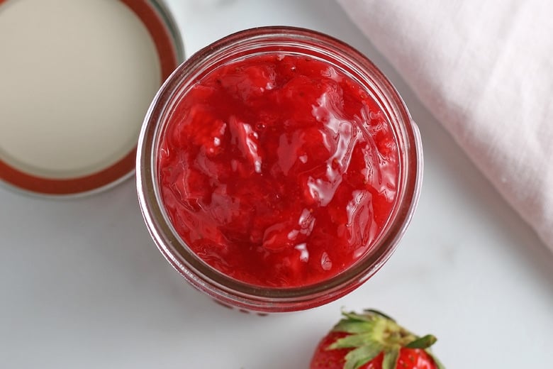 overhead of strawberry sauce