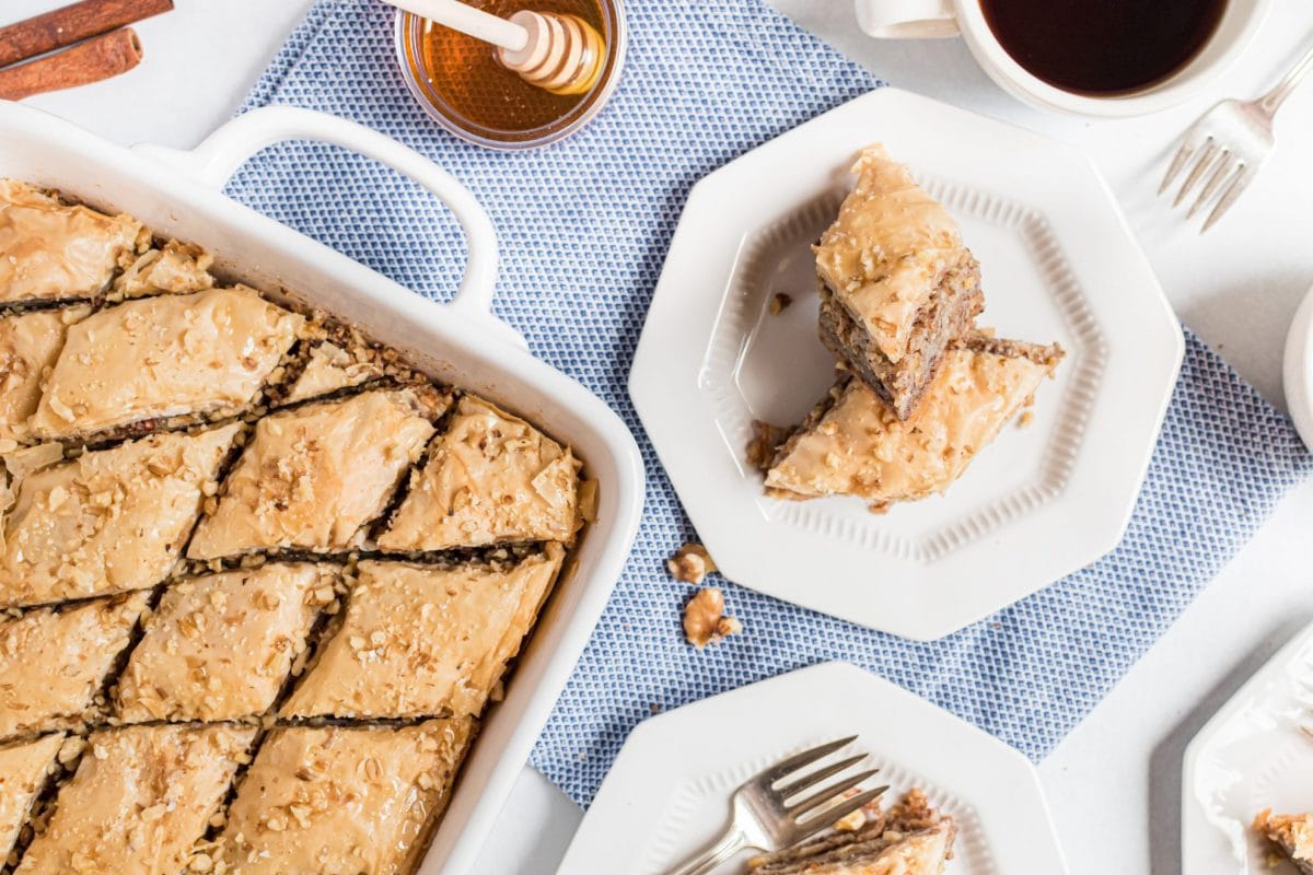 served baklava slices with coffee 