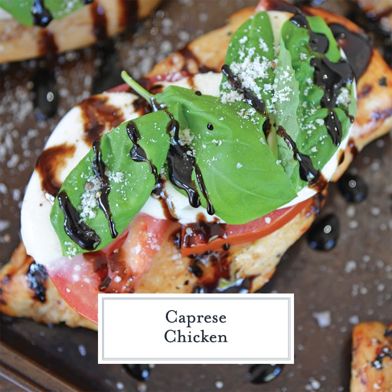 close up of caprese chicken on baking sheet 