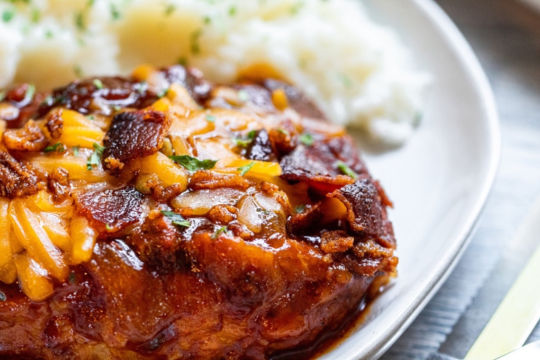 close up of slow cooker pork chops 