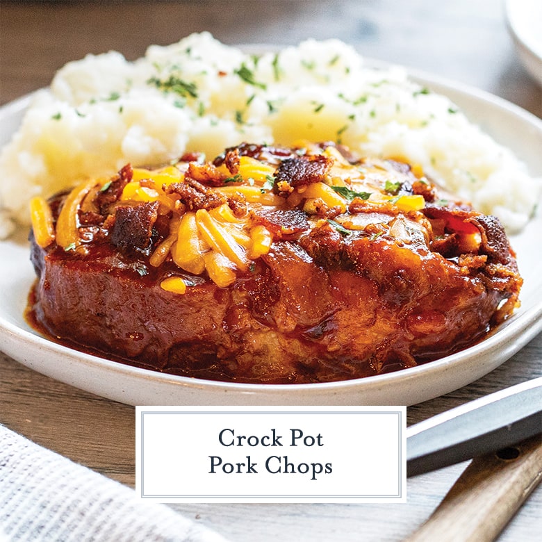 angle view of crockpot pork chops with bbq sauce, cheese and bacon 