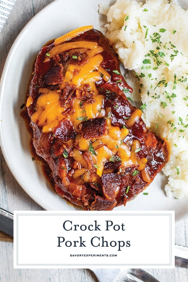 overhead of bbq crockpot pork chops 