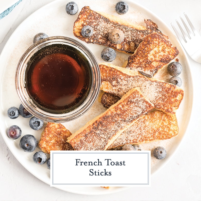 overhead of French Toast Sticks with blueberries and cinnamon sugar 