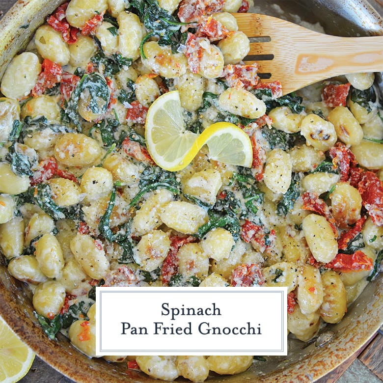 overhead of pan fried gnocchi in a skillet 