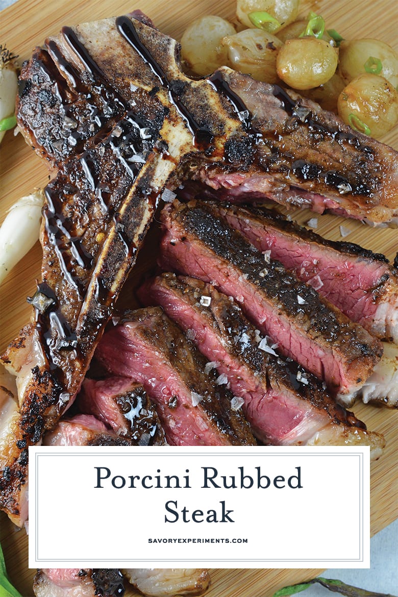 sliced porcini rubbed steak with text overlay for pinterest