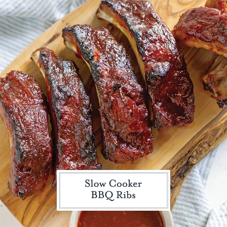 BBQ ribs on a wood serving platter 