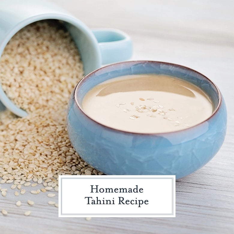 blue bowl of tahini paste 