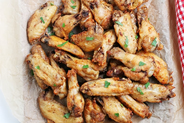 overhead shot of air fryer buffalo wings 