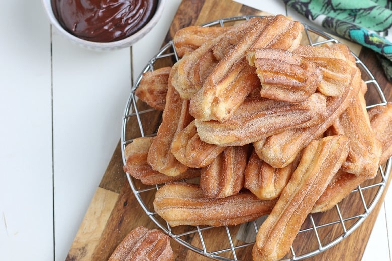 air fryer churros on a serving platter