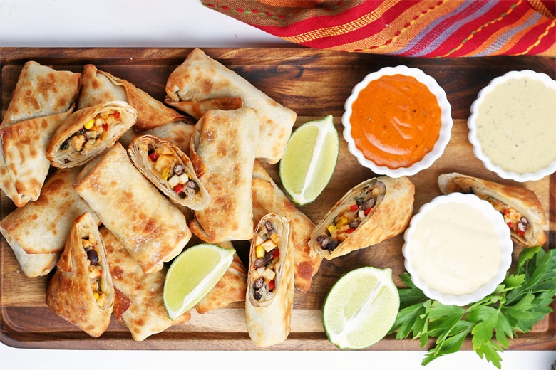 overhead of southwest egg rolls on a serving platter 