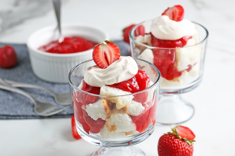angel food strawberry parfaits  with sauce 