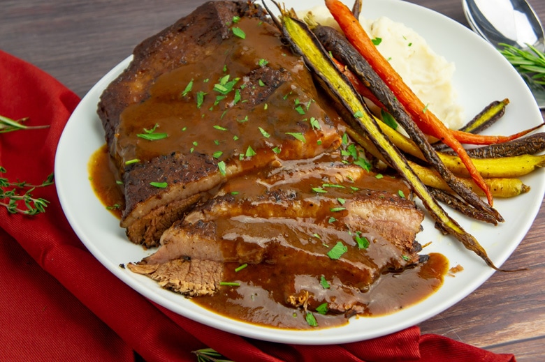 sliced braised brisket with gravy