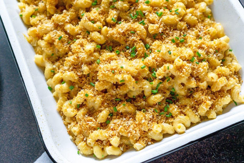 corner shot of baked mac and cheese 