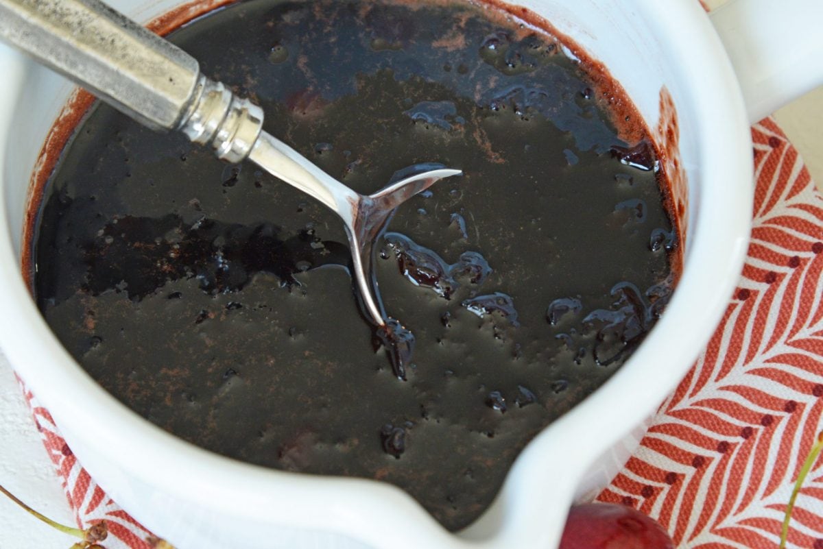 cherry balsamic sauce in a white saucepan 