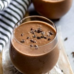 angled shot of chocolate banana smoothie