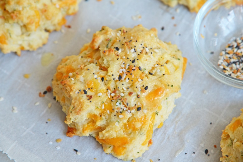 overhead shot of cheesy everything bagel seasoning biscuits 