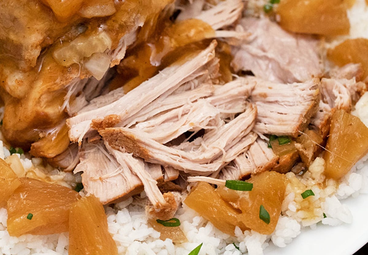 close up of hawaiian shredded pork 