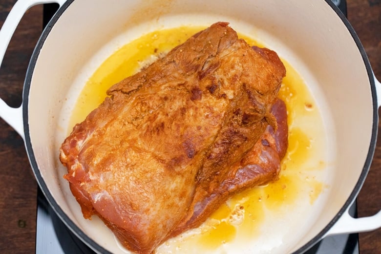 seared pork loin in a dutch oven 
