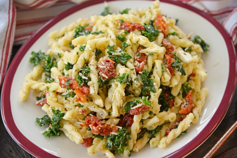 italian pasta salad on a white dish 