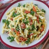 kale mac and cheese on a serving dish