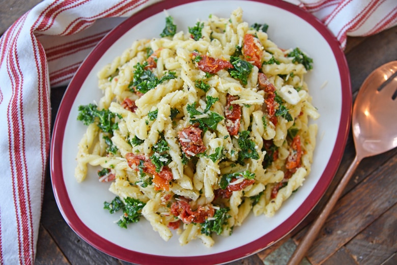 kale mac and cheese on a serving dish