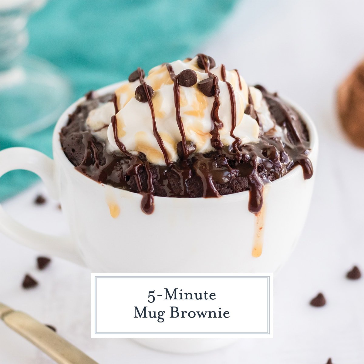 angle mug brownie with chocolate and caramel drizzle