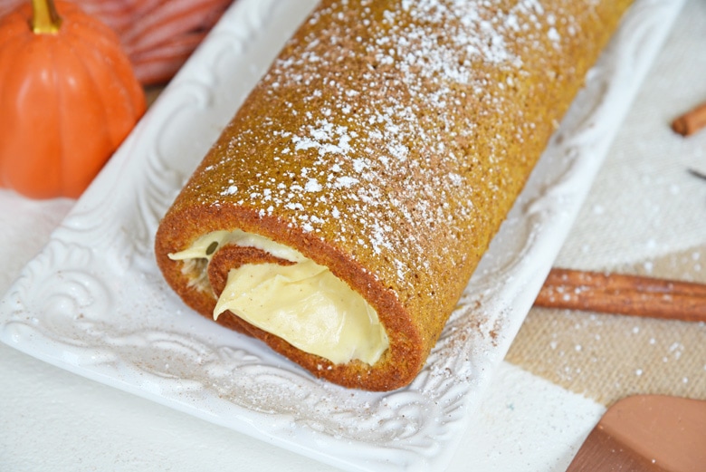 angle view of pumpkin cake roll 