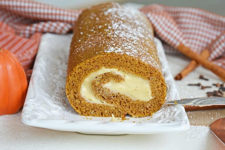 pumpkin cake roll with cream cheese frosting