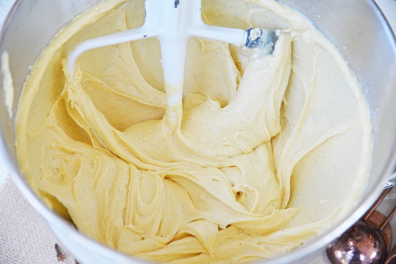 cream cheese frosting in a mixing bowl 