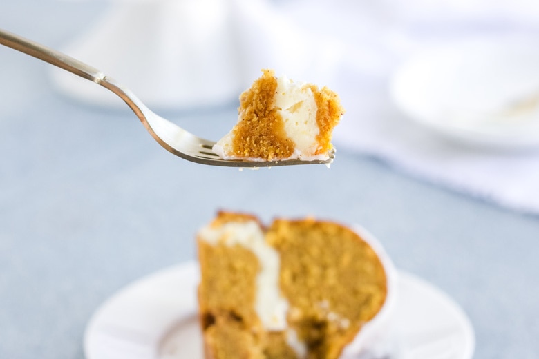 fork with a bite of pumpkin pound cake 