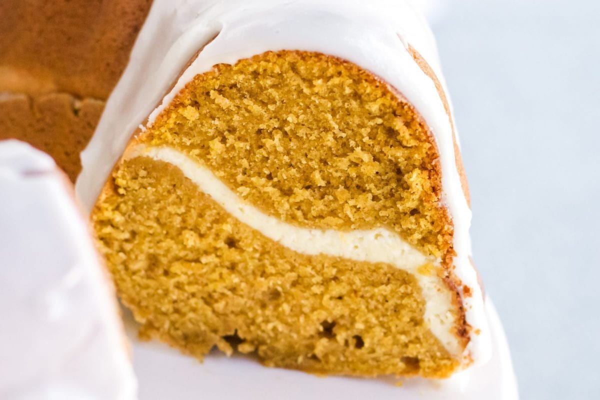 close up cross section of pumpkin pound cake  